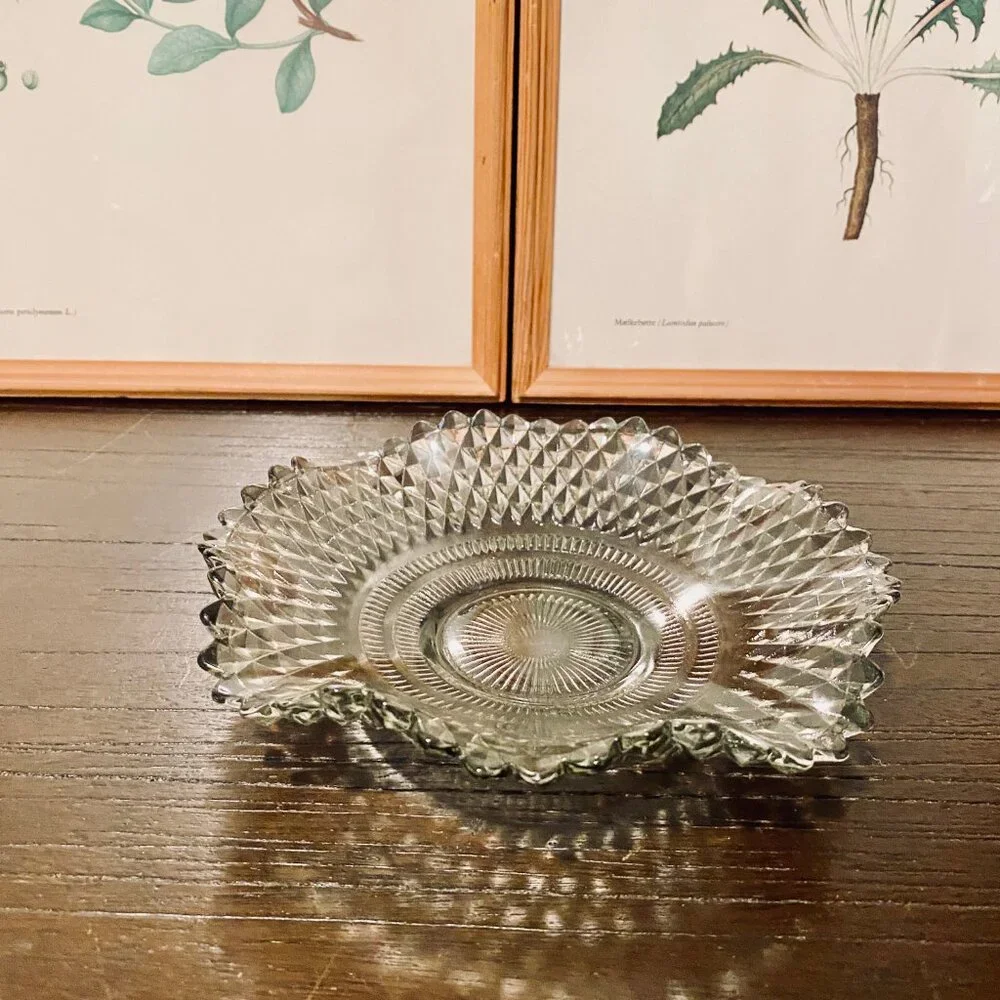 Vintage Indiana Glass Smoke Diamond‎ Point Wavy Design Candy Dish MCM 7